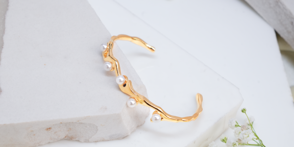 Wave Pearl Accent Open Bracelet